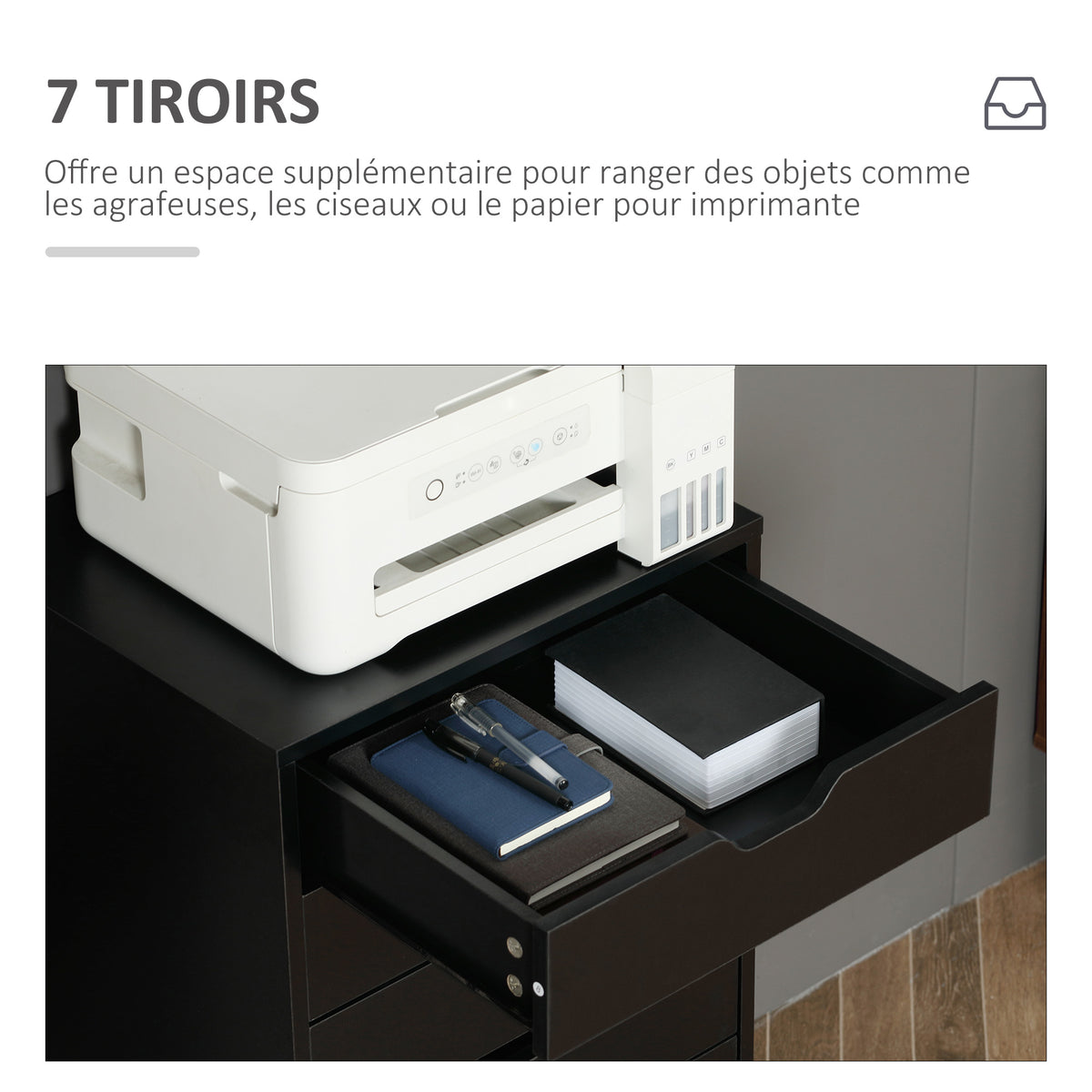 Caisson de bureau à roulette meuble rangement bureau avec 7 tiroirs organisateur pour documents, format A4 ou lettres-4
