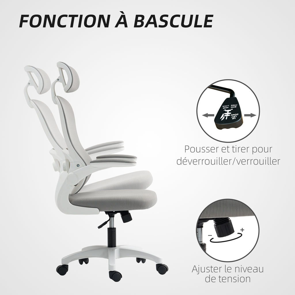 Chaise Bureau Ergonomique, Fauteuil de Bureau en Maille avec Accoudoirs Rabattables, Hauteur Réglable, 64x62x115cm, Gris-6