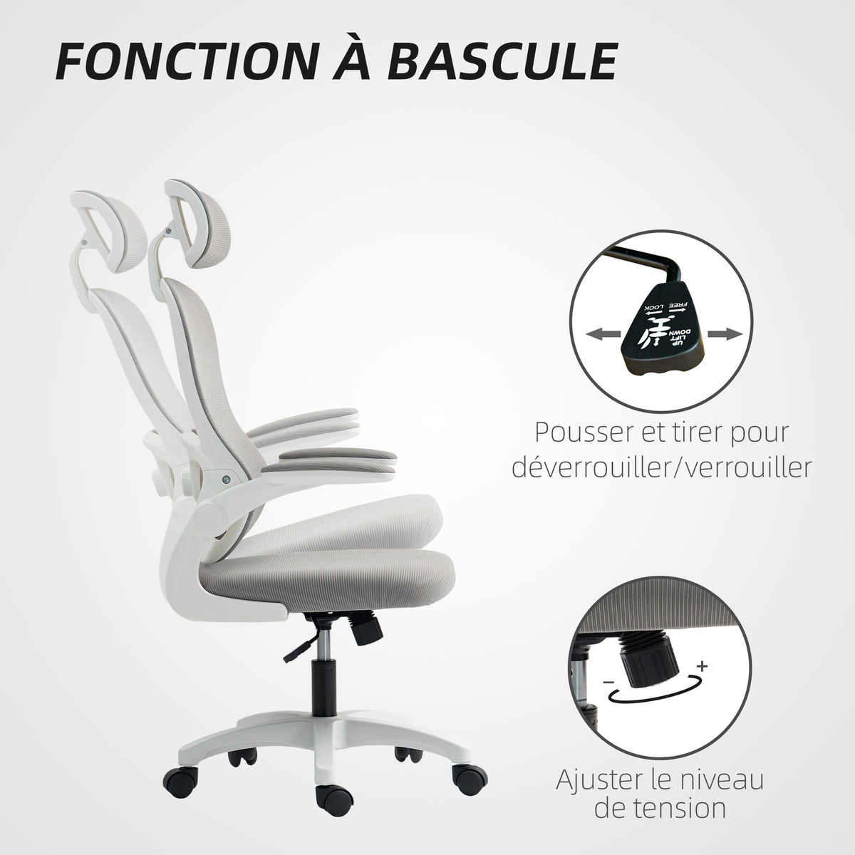 Chaise Bureau Ergonomique, Fauteuil de Bureau en Maille avec Accoudoirs Rabattables, Hauteur Réglable, 64x62x115cm, Gris-6