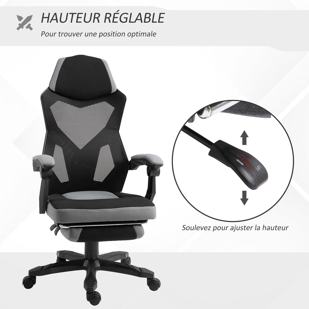 Chaise de bureau fauteuil gaming hauteur réglable dossier roulettes pivotantes repose-pied tissu en maille 58L x 63l x 112-122H cm gris noir-3