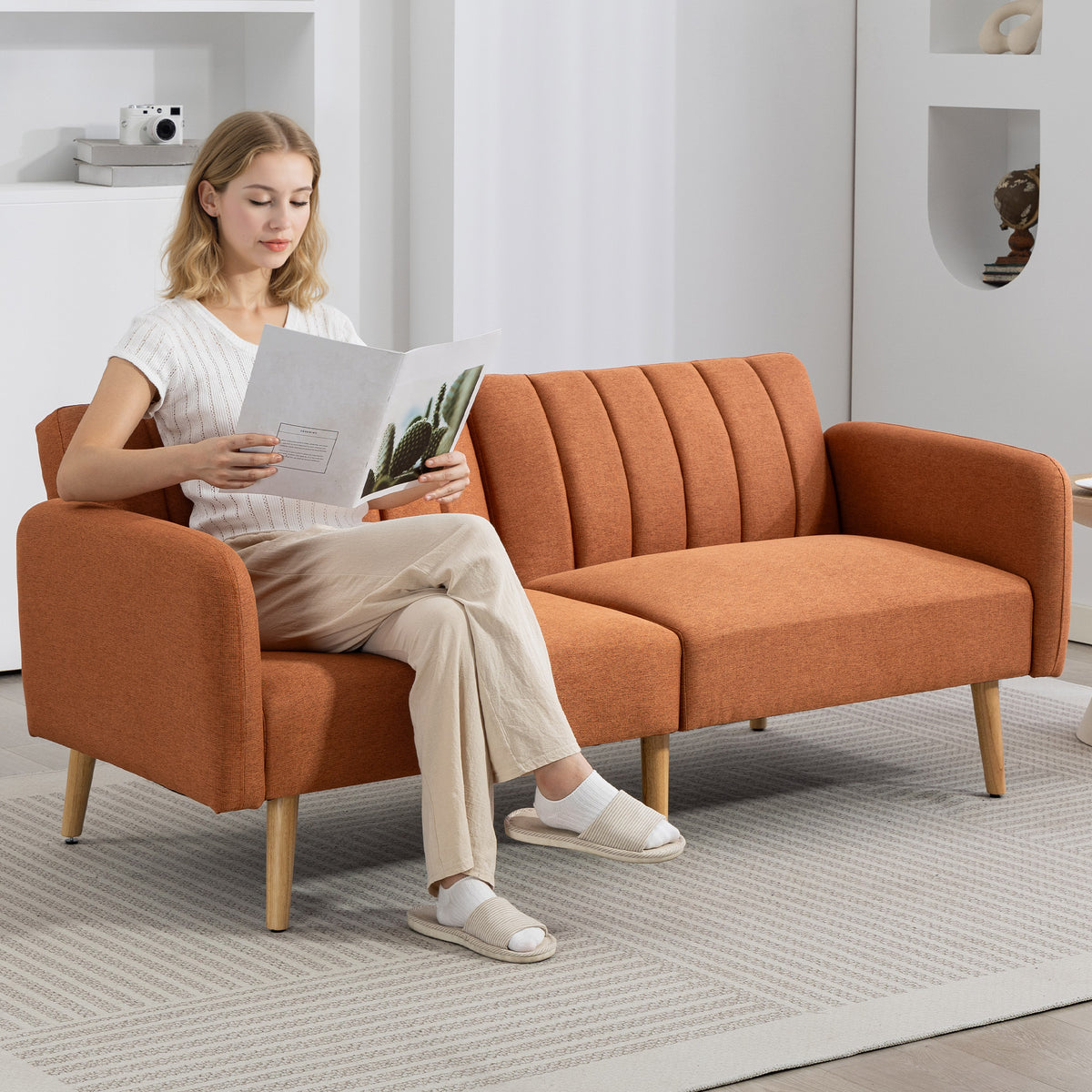 Canapé Convertible 2 Places Design scandinave Dossier inclinable 3 Positions Pieds Bois Tissu Aspect Lin marron-1