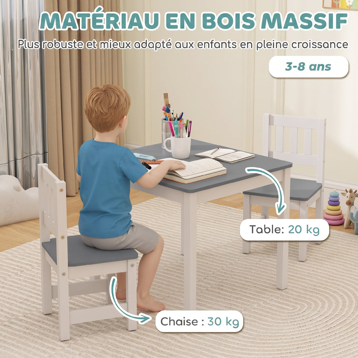 Table enfant avec chaise, lot table et 2 chaises enfant en bois pour dessiner, jouer, étudier, 56x52x48cm, gris-5
