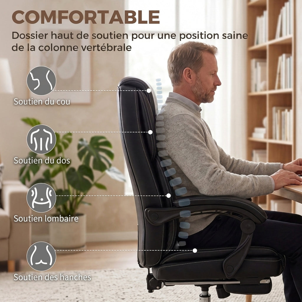 Chaise Bureau Ergonomique, Fauteuil de Bureau Inclinable, Assise rembourrée en PU, Hauteur Réglable, Noir-4