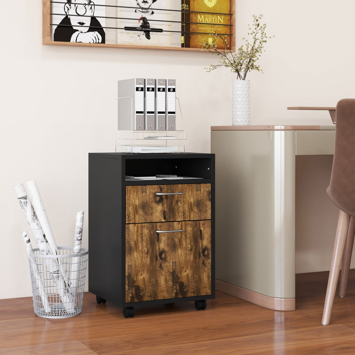 Caisson de bureau à roulettes avec tiroir placard niche pour documents et dossier suspendu 40 x 35 x 60 cm brun rustique-1