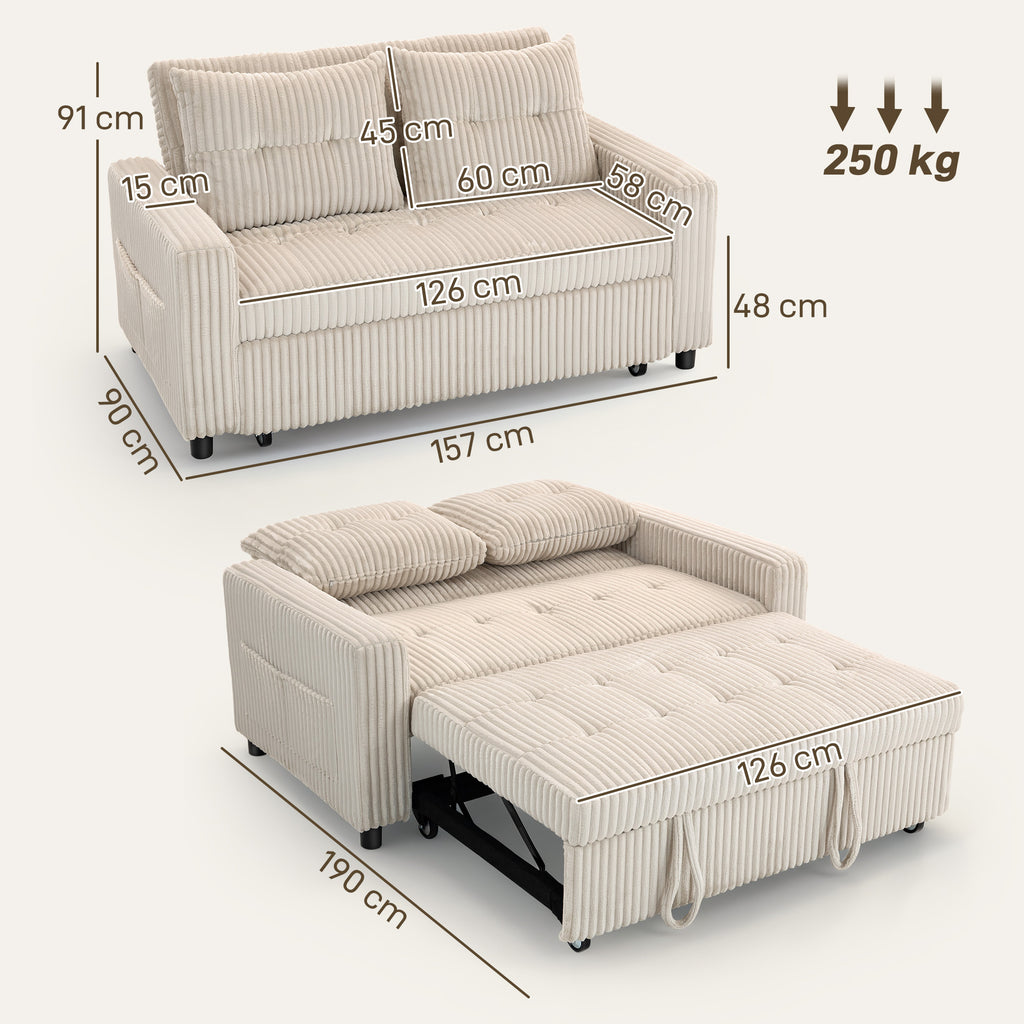 Canapé convertible 2 places canapé-lit en velours côtelé 157x190cm dossier réglable poches latérales et 2 coussins crème-2
