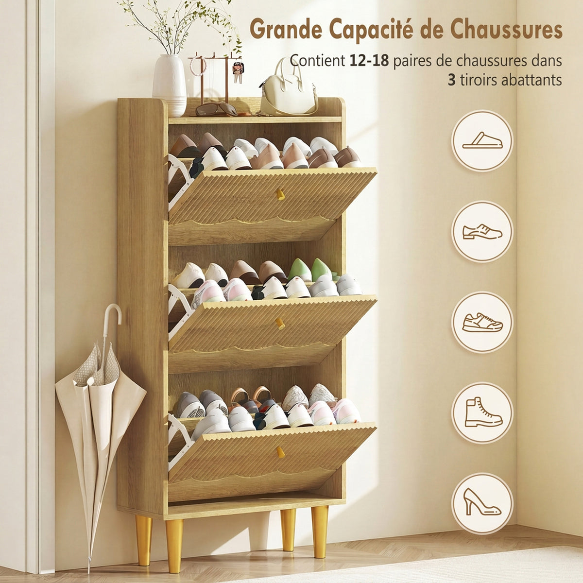 Meuble à chaussures 18 paires, armoire à chaussures étroite, 3 tiroirs rabattables étagères réglables, 60x24x128cm, chêne-4