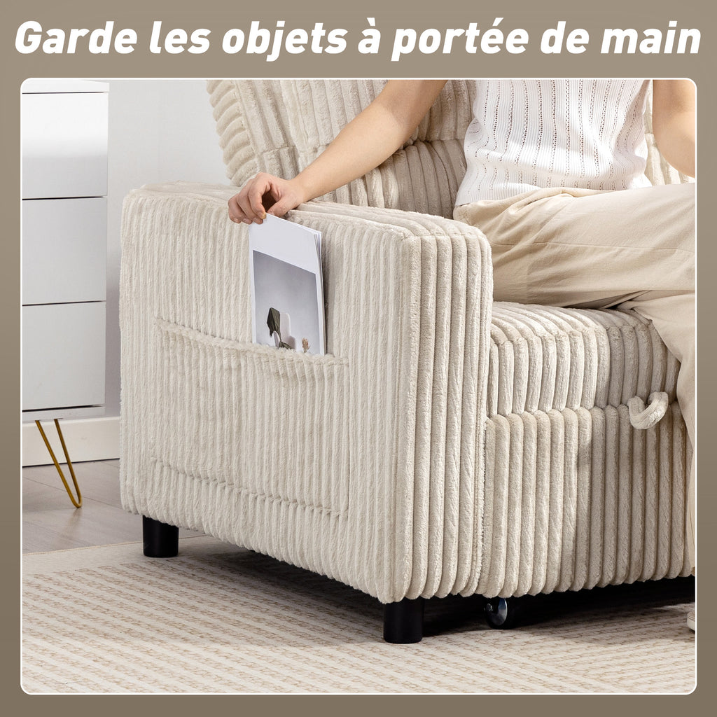 Canapé convertible 2 places canapé-lit en velours côtelé 157x190cm dossier réglable poches latérales et 2 coussins crème-6
