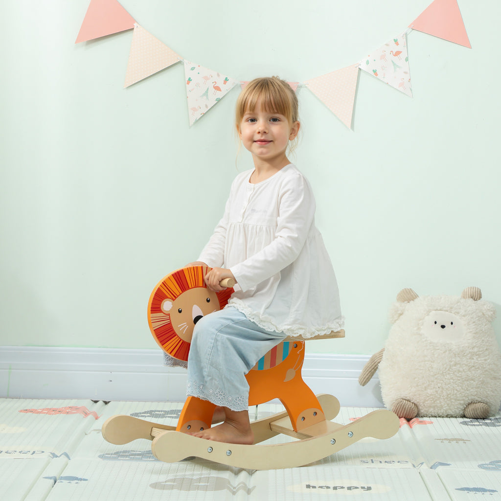 Cheval à bascule pour enfants, lion jouet à bascule bébé en bois avec guidon et base stable, 59 x 27 x 43 cm, orange-1