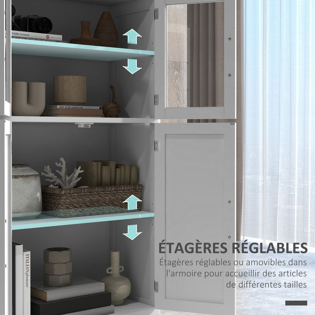 Buffet de cuisine armoire multi-rangements 2 placards, portes en verre, 4 étagères en bois blanc-4