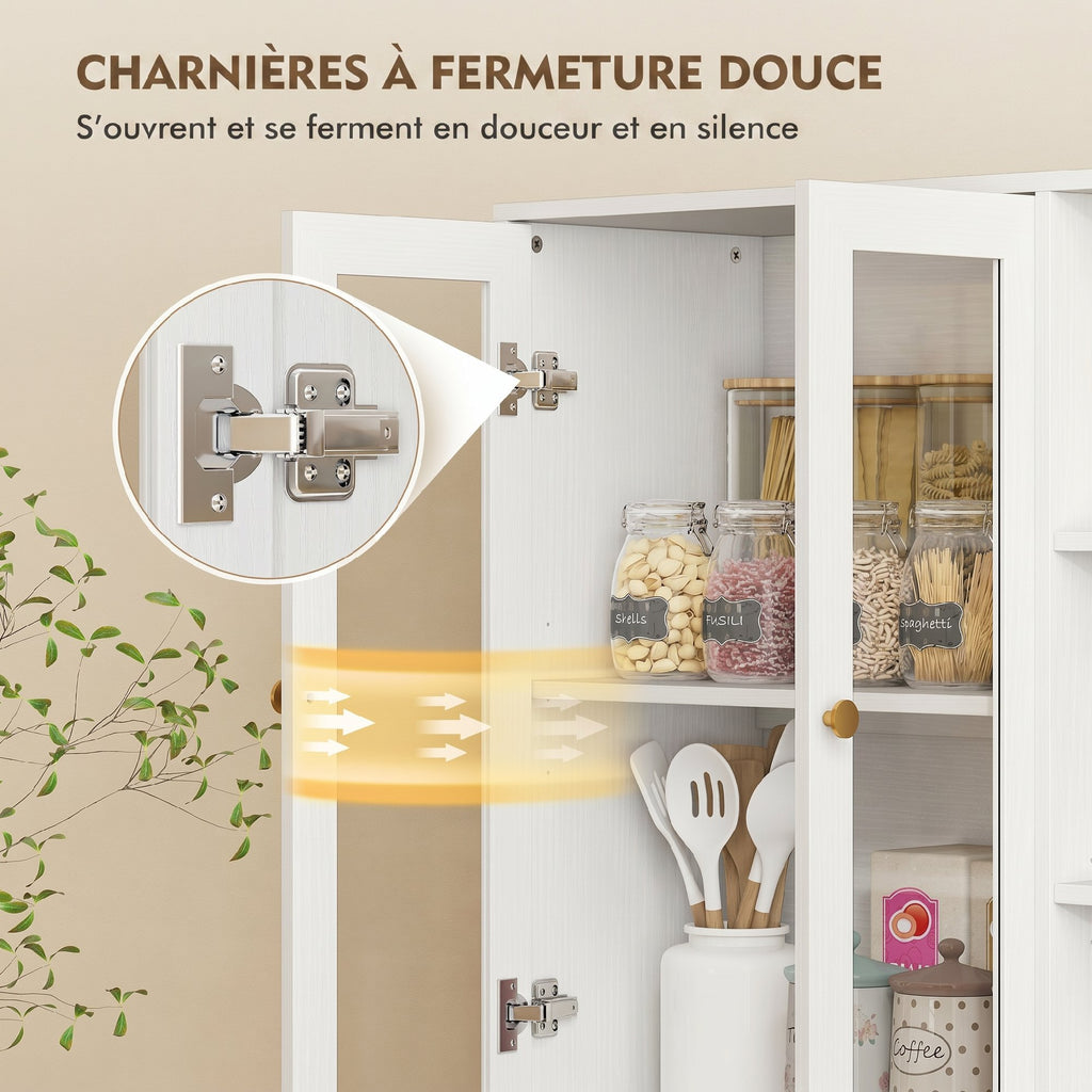Buffet haut cuisine, vaisselier vitrine avec 4 portes à fermeture douce en verre trempé, 90x35x172cm, blanc-5
