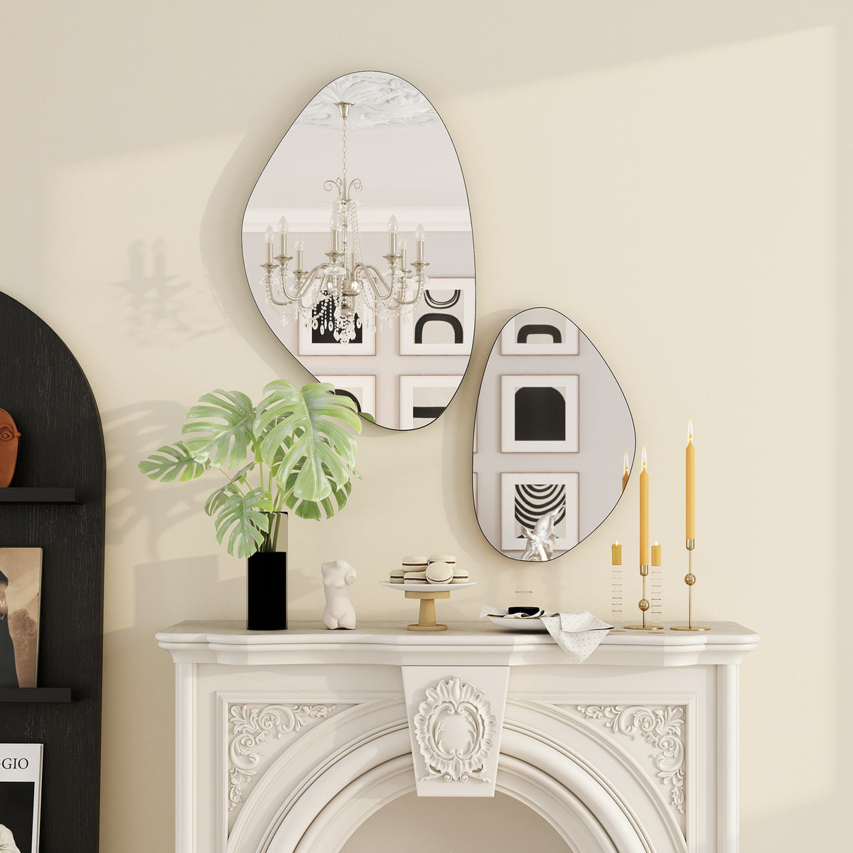 Lot de 2 miroirs muraux, miroirs décoratifs irréguliers en forme de galet, cadre en métal, 70 x 46 cm/49,5 x 31 cm, noir-8