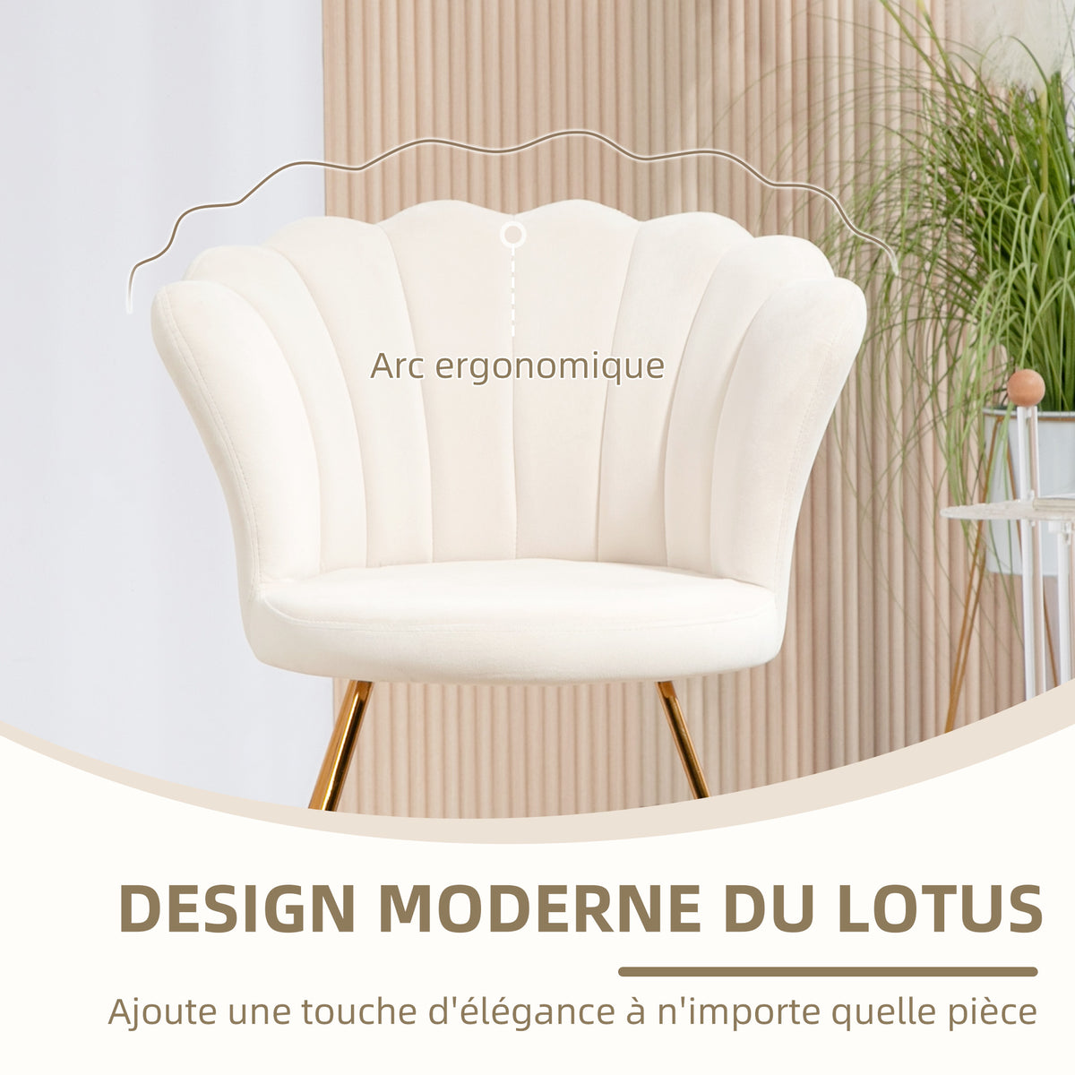 Fauteuil coquillage chaise coiffeuse fauteuil en velours fauteuil de salon avec pieds en acier 69 x 64 x 80 cm crème-5