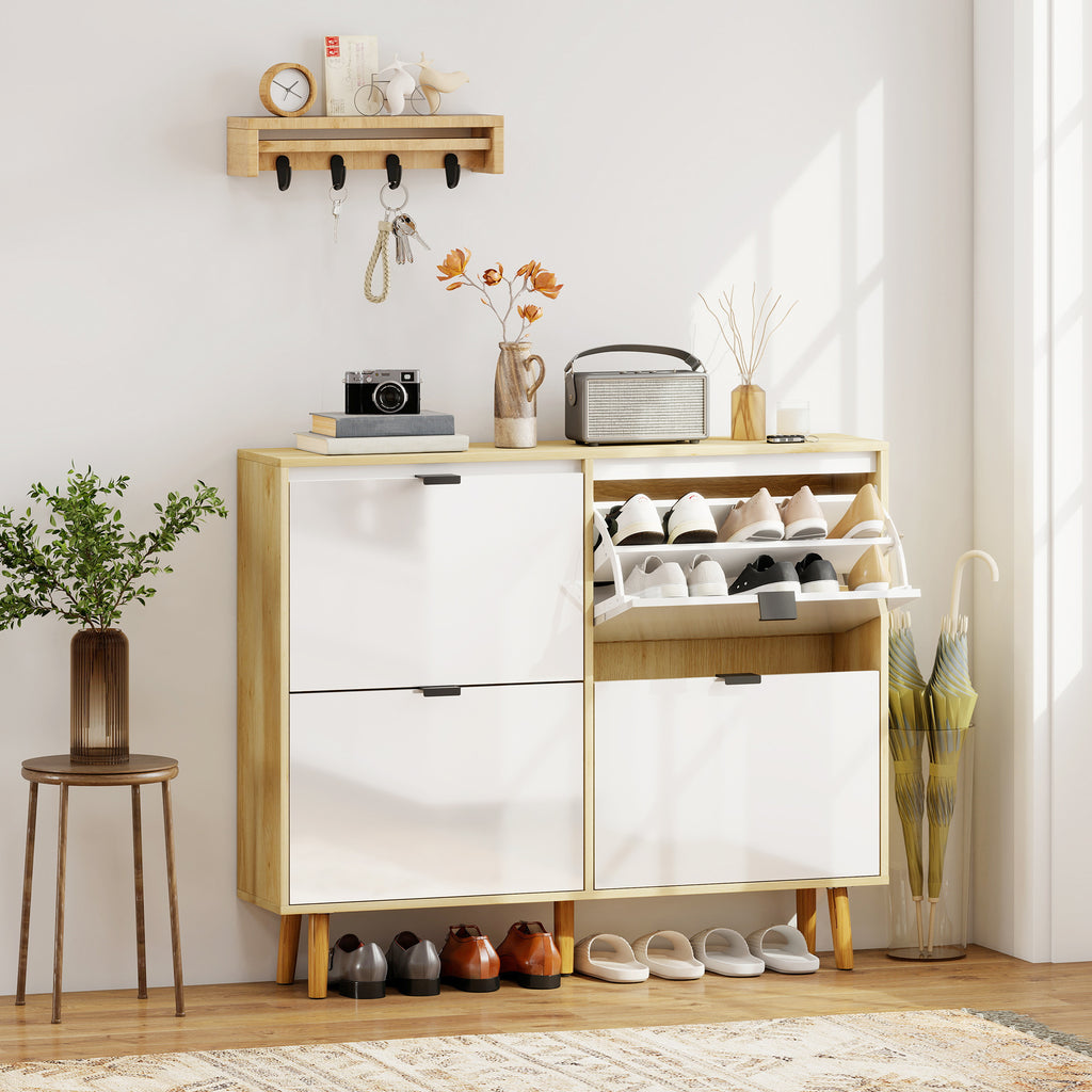 Meuble à chaussures, armoire à chaussures étroite, 4 tiroirs rabattables, porte haute brillante, 105x24x92,5cm, blanc-1
