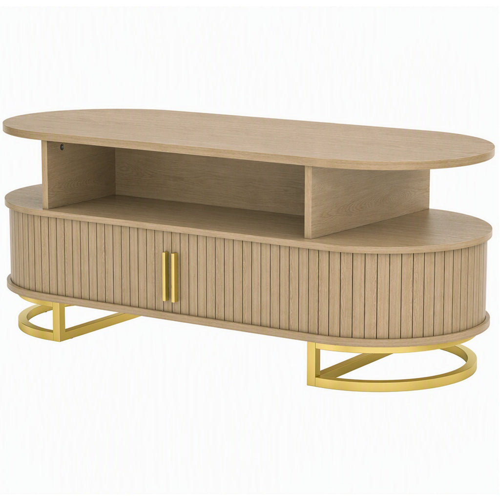 Table Basse Ovale, Table de Salon Moderne avec Portes à Tambour Coulissantes, Rangement Fermé, Étagères Ouvertes, Chêne-0