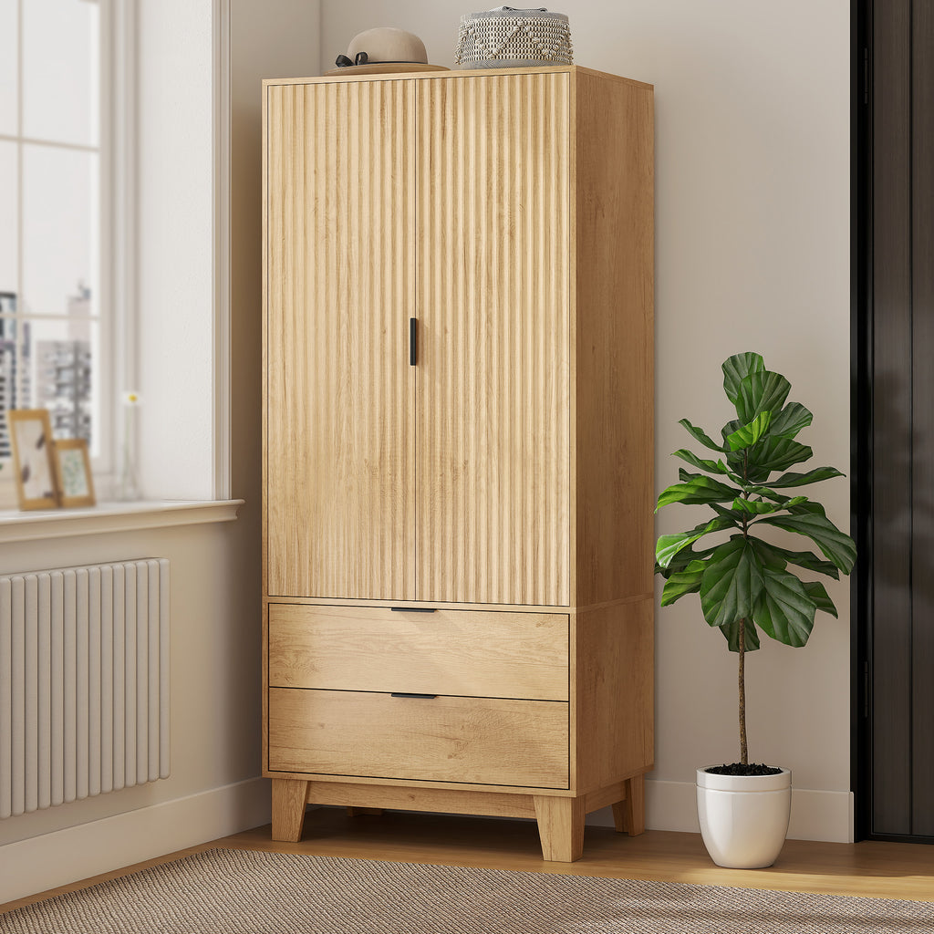 Armoire chambre penderie avec 2 portes à fermeture douce, 2 tiroirs et barre de suspension, 80x50x180cm, bois naturel-1