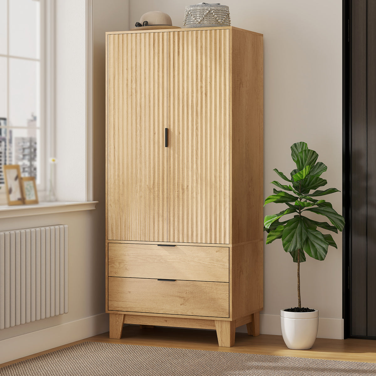 Armoire chambre penderie avec 2 portes à fermeture douce, 2 tiroirs et barre de suspension, 80x50x180cm, bois naturel-1