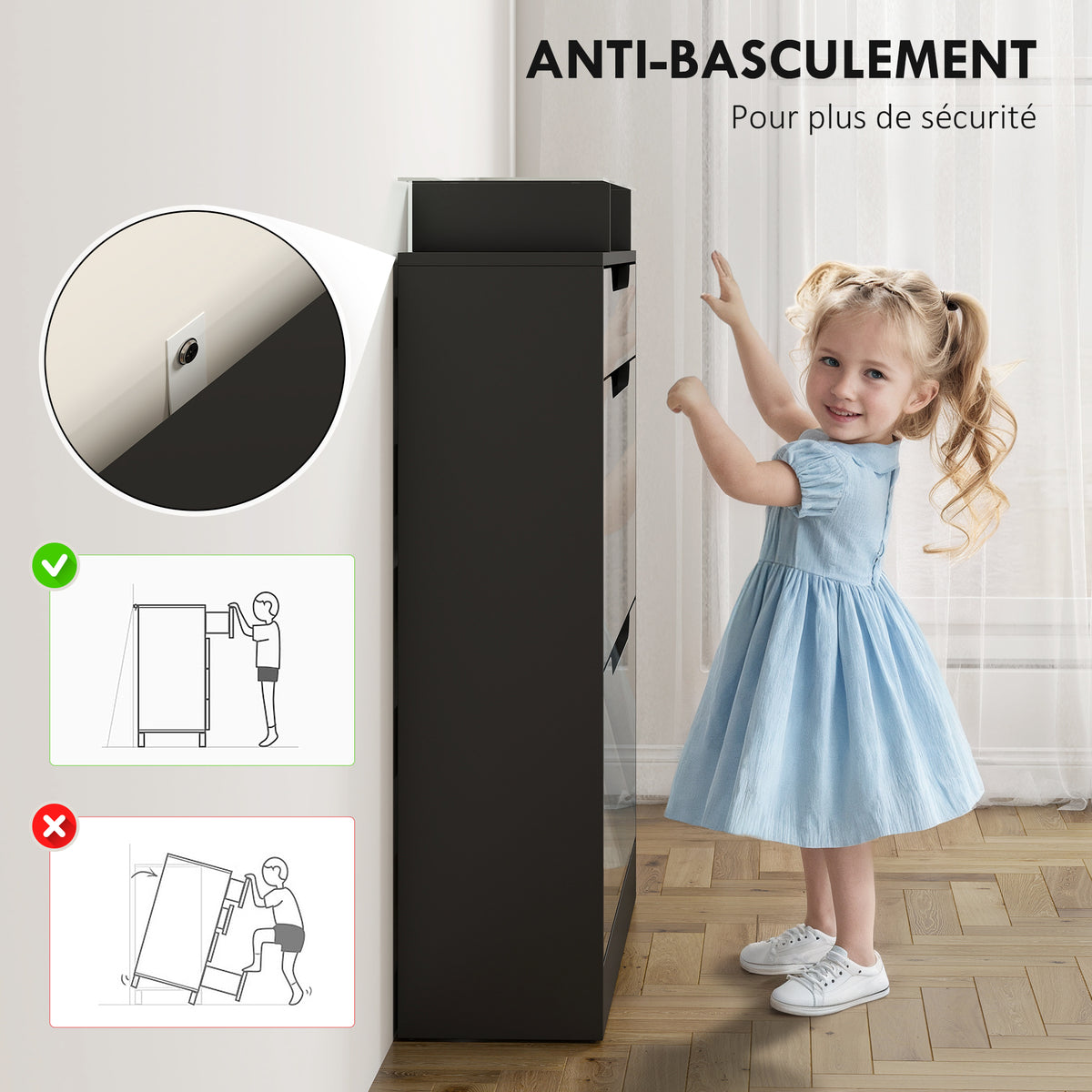 Armoire à Chaussures, 2 Tiroirs Rabattables, 1 Tiroir Coulissant, 1 Comptoir, 89x23x96cm, Noir-6