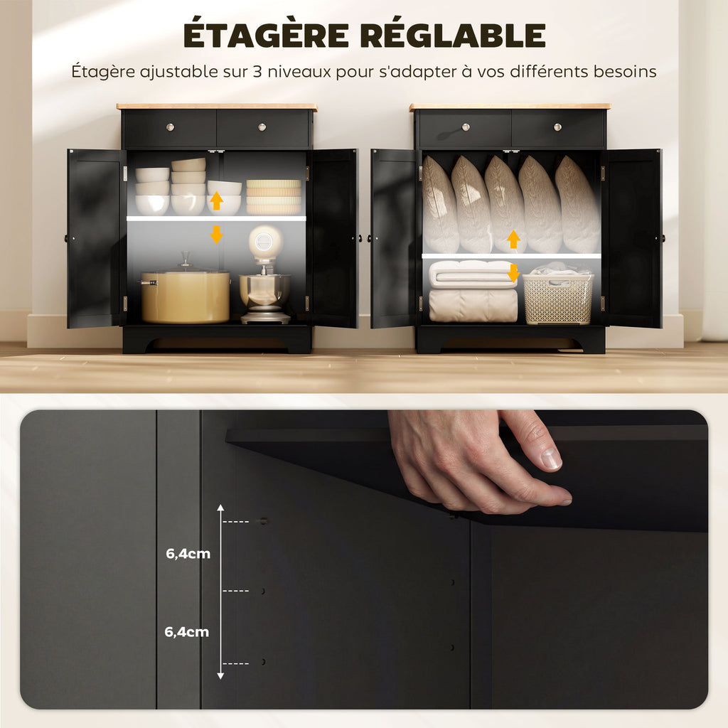 Meuble de rangement buffet salon avec placards, 2 tiroirs et étagères réglables, 68x40,3x85cm, noir et bois naturel-5