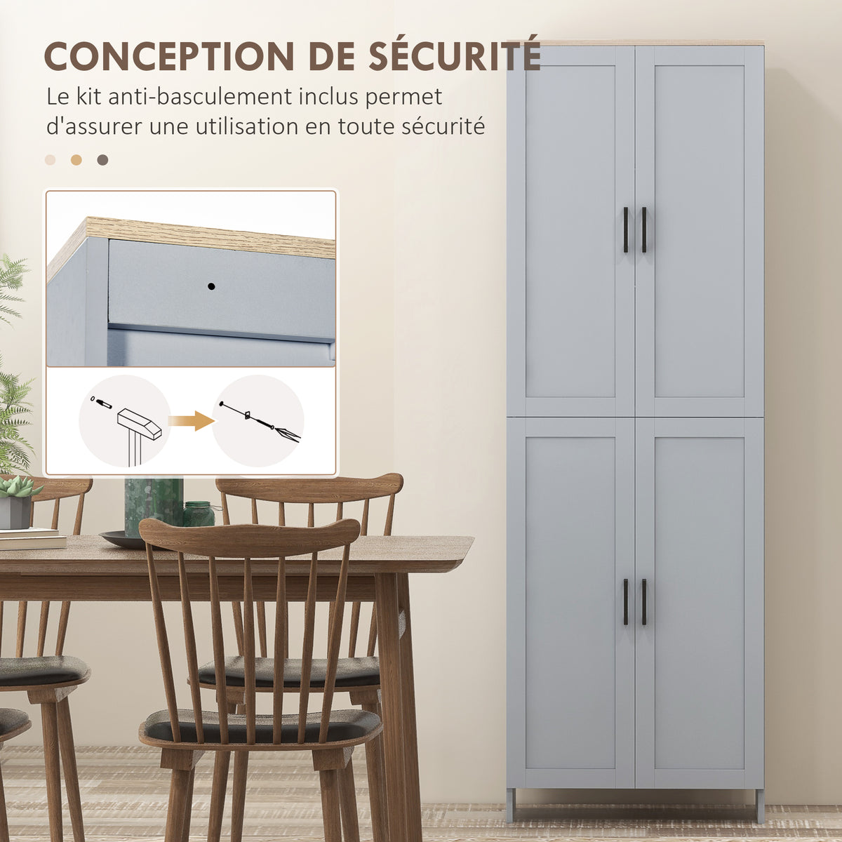 Armoire de cuisine hauteur 170 cm buffet haut avec 4 portes et étagères ajustable, design moderne, gris-5