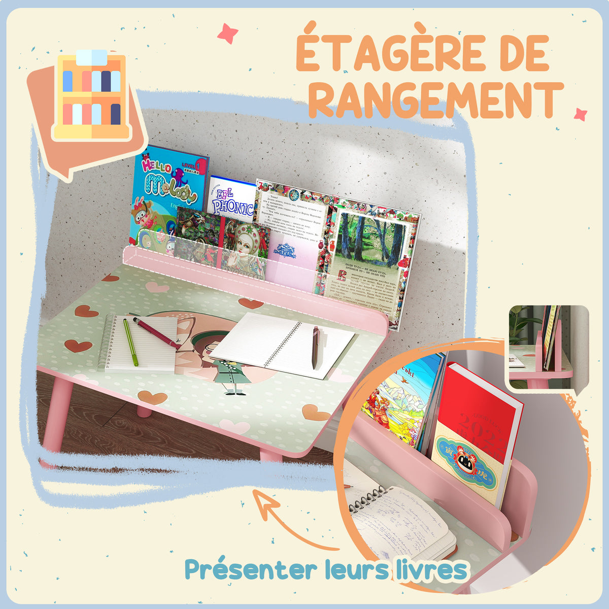 Ensemble table et chaise enfant table pour enfant avec chaise avec porte-livres motifs d'ours pour enfants 3-8 ans rose-4