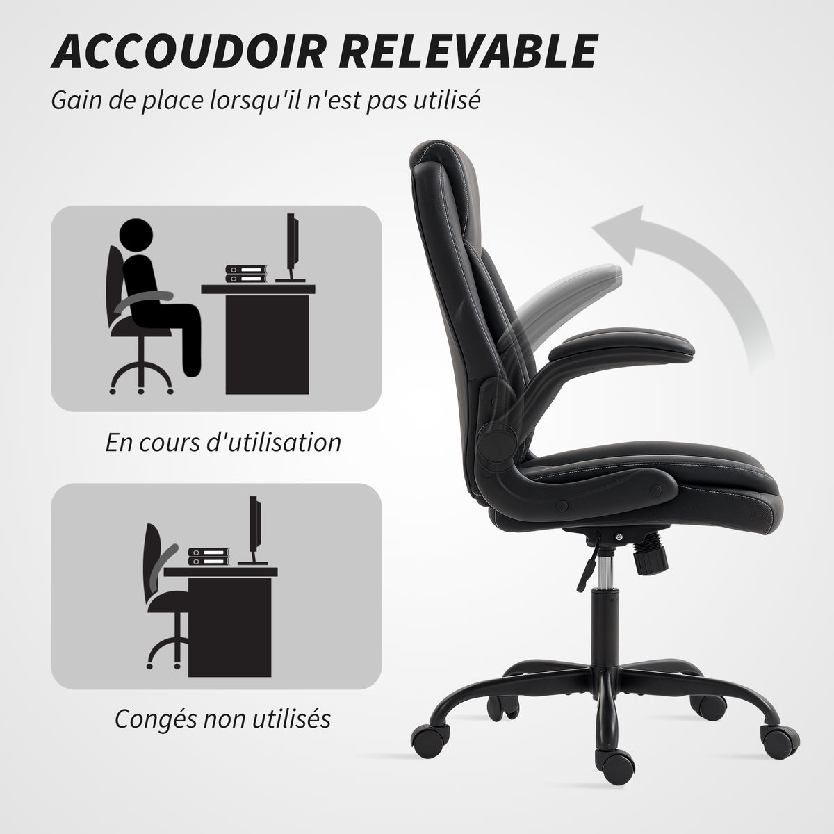Fauteuil de bureau, chaise bureau ergonomique avec accoudoirs relevables, hauteur réglable, fonction de bascule, noir-6