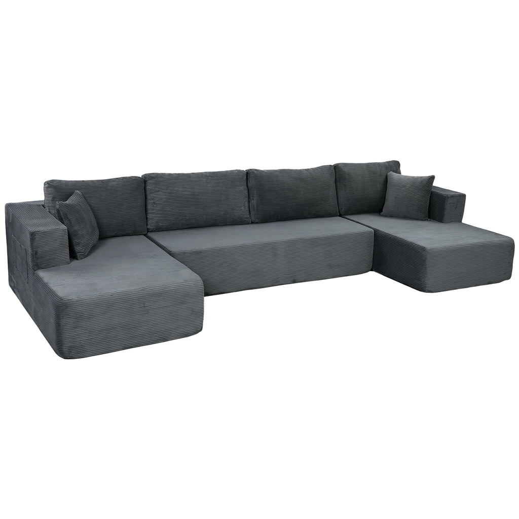 Canapé Modulaire en U 4 Places, 2 Méridiennes, Canapé 2 Places, 6 Coussins, Sans Montage, 369 x 152 x 78 cm, Gris-0