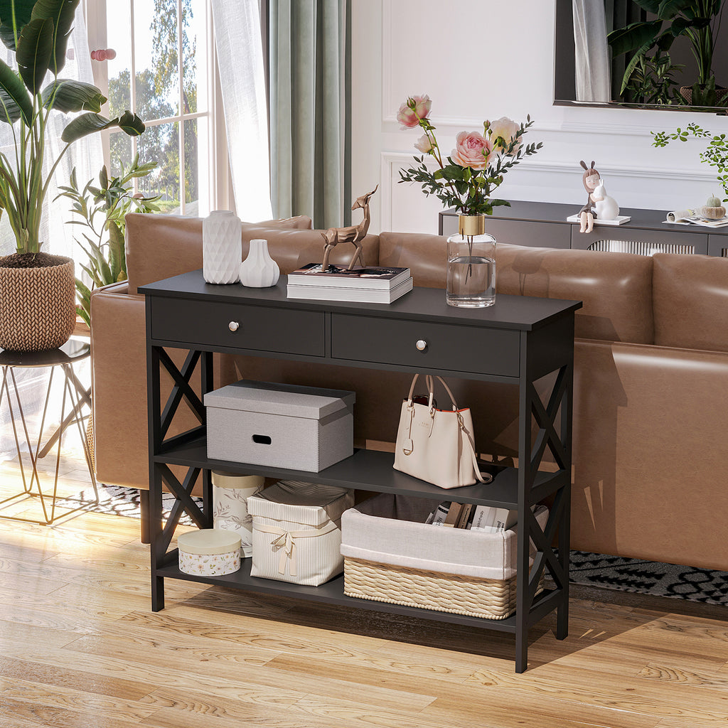 Table de console table d'entrée style table de drapier néo-rétro 2 tiroirs 2 étagères dim. 100L x 30,5l x 80H cm en bois noir-6