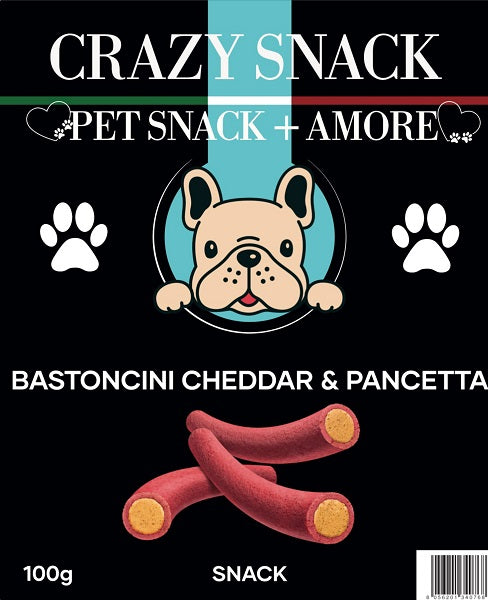 CRAZY SNACK DOG BASTONCINI CHEDDAR & PANCETTA 100 GR. (PET SNACK + AMORE)