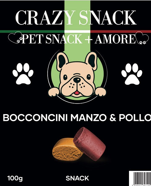 CRAZY SNACK DOG BOCCONCINI MANZO & POLLO 100 GR. (PET SNACK + AMORE)
