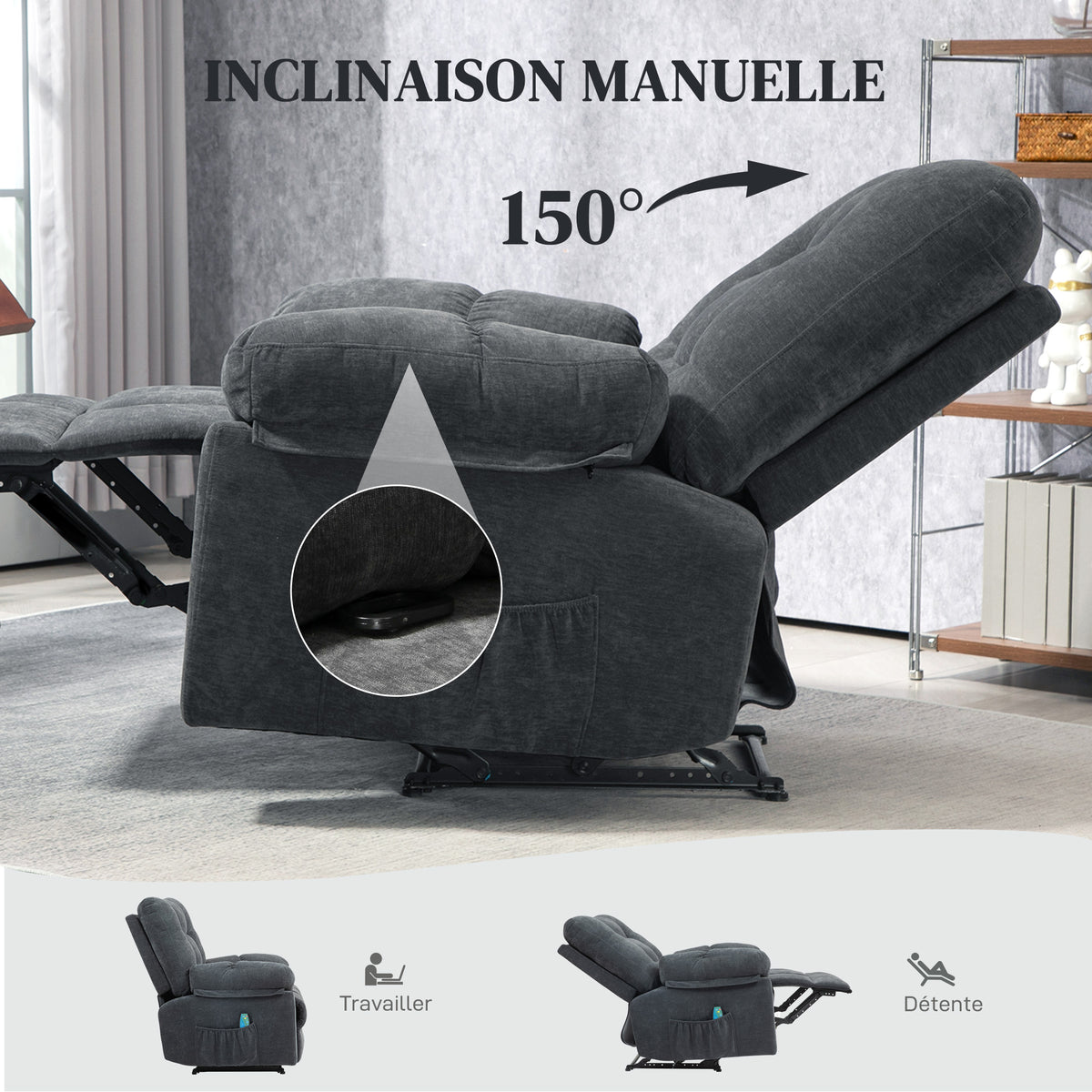 Fauteuil de massage fauteuil relax avec vibration chauffage, inclination manuelle, télécommande inclus, gris-4