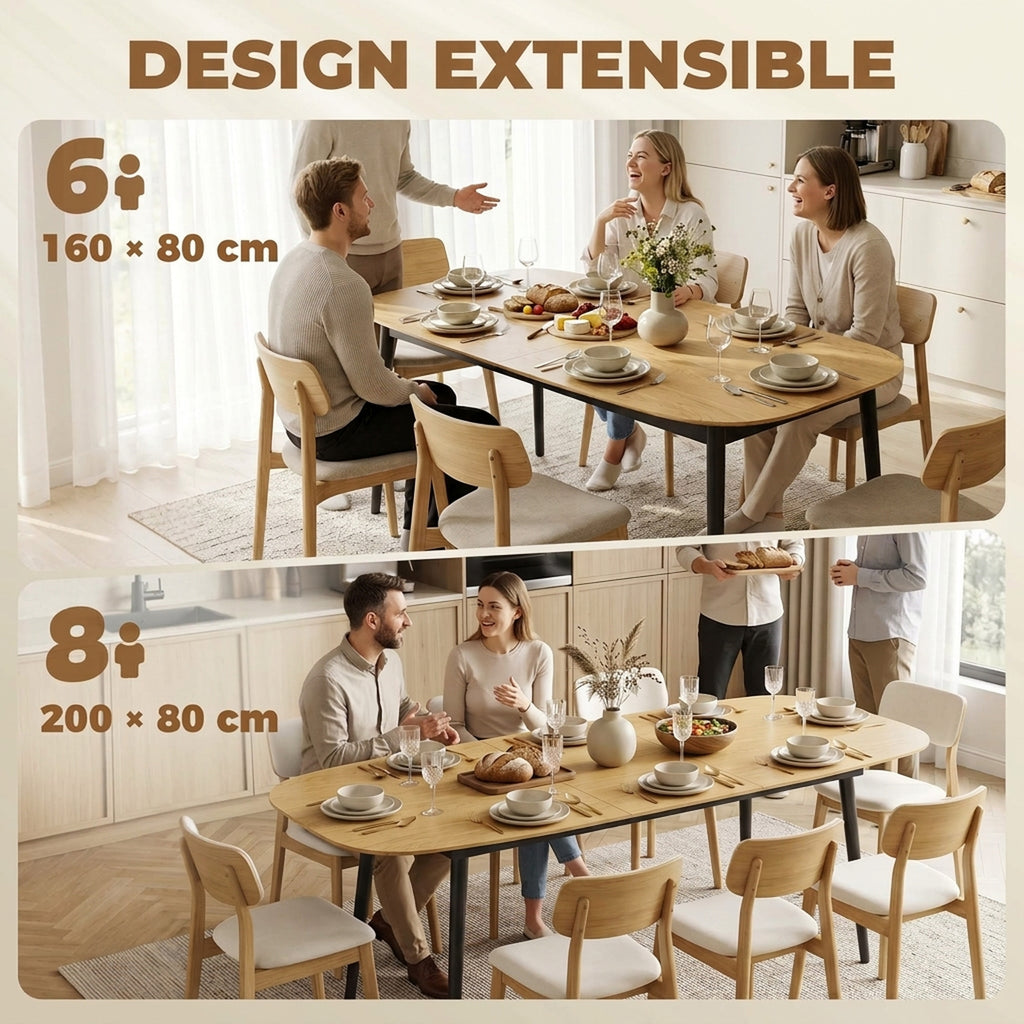 Table à Manger Extensible Rectangle pour 6 à 8 Personnes, Table de Cuisine 160-200 cm avec Étagère, Marron-3