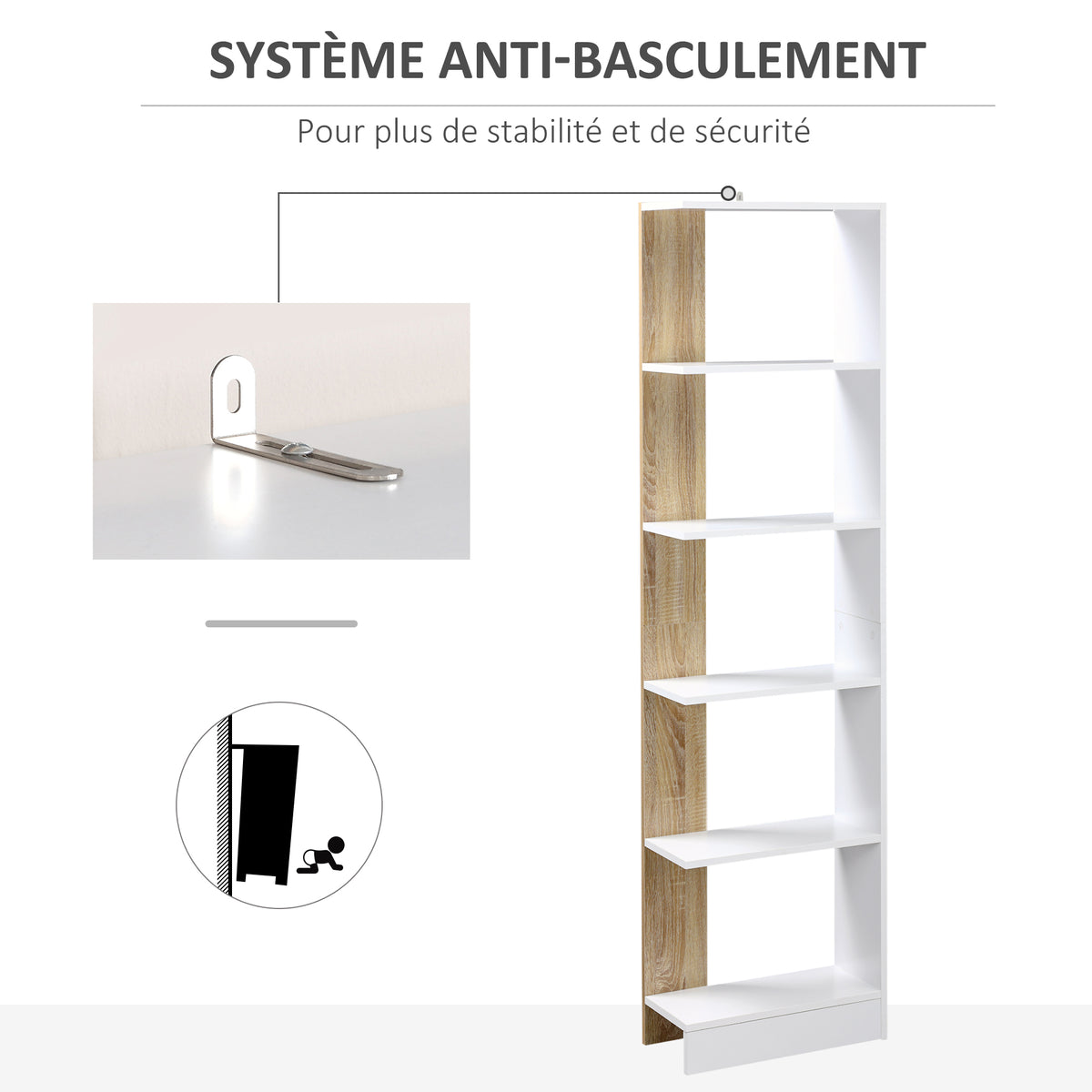 Bibliothèque Étagère de Rangement avec 5 Compartiments Ouverts Design Simple Moderne Blanc et Chêne-3