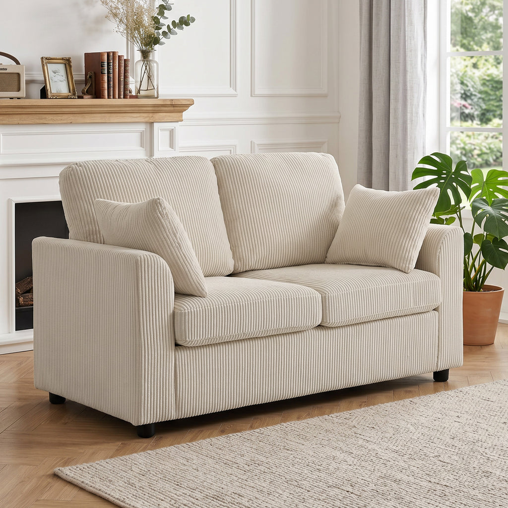 Canapé 2 Places en Velours Côtelé, Canapé de Salon 144 cm avec Assise Large Rembourrée, 2 Oreillers, Beige-1