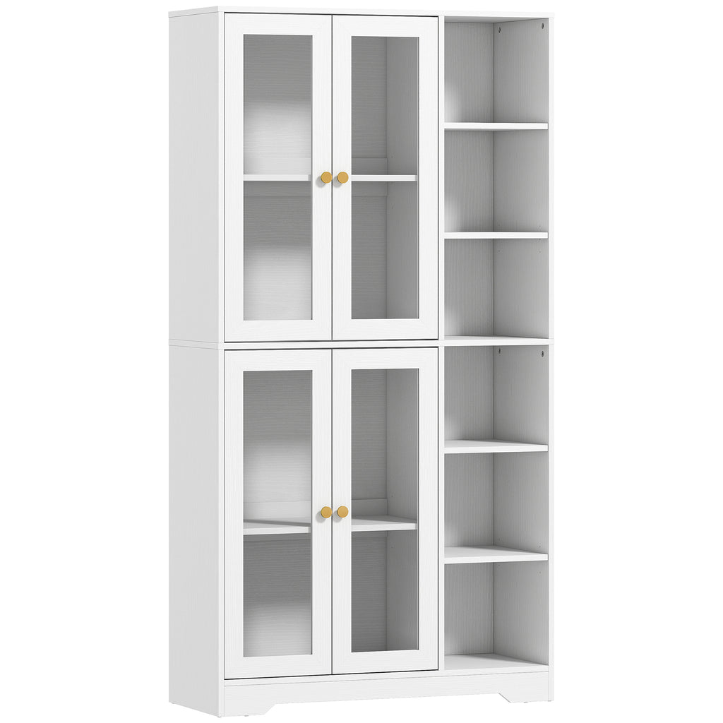 Buffet haut cuisine, vaisselier vitrine avec 4 portes à fermeture douce en verre trempé, 90x35x172cm, blanc-0