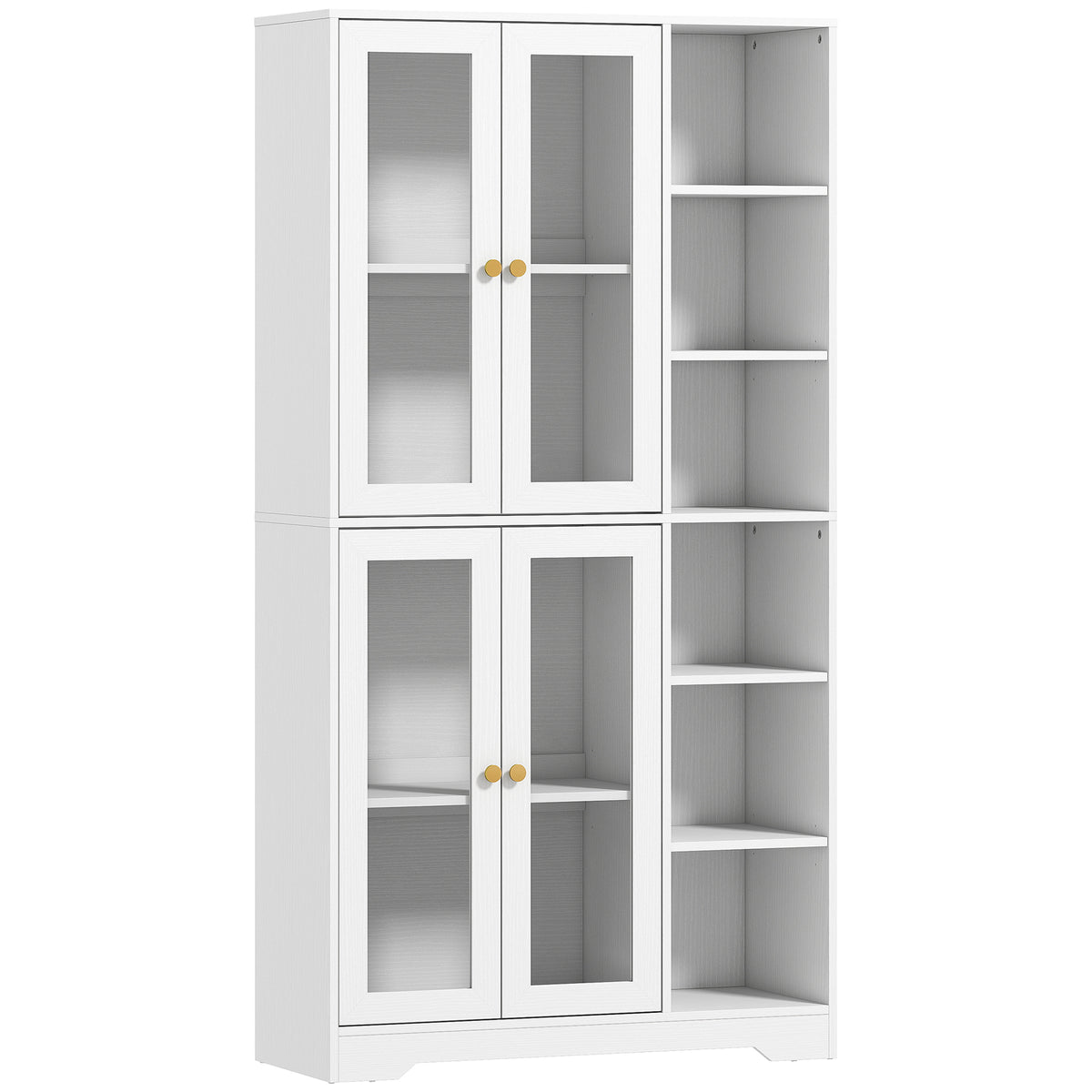 Buffet haut cuisine, vaisselier vitrine avec 4 portes à fermeture douce en verre trempé, 90x35x172cm, blanc-0