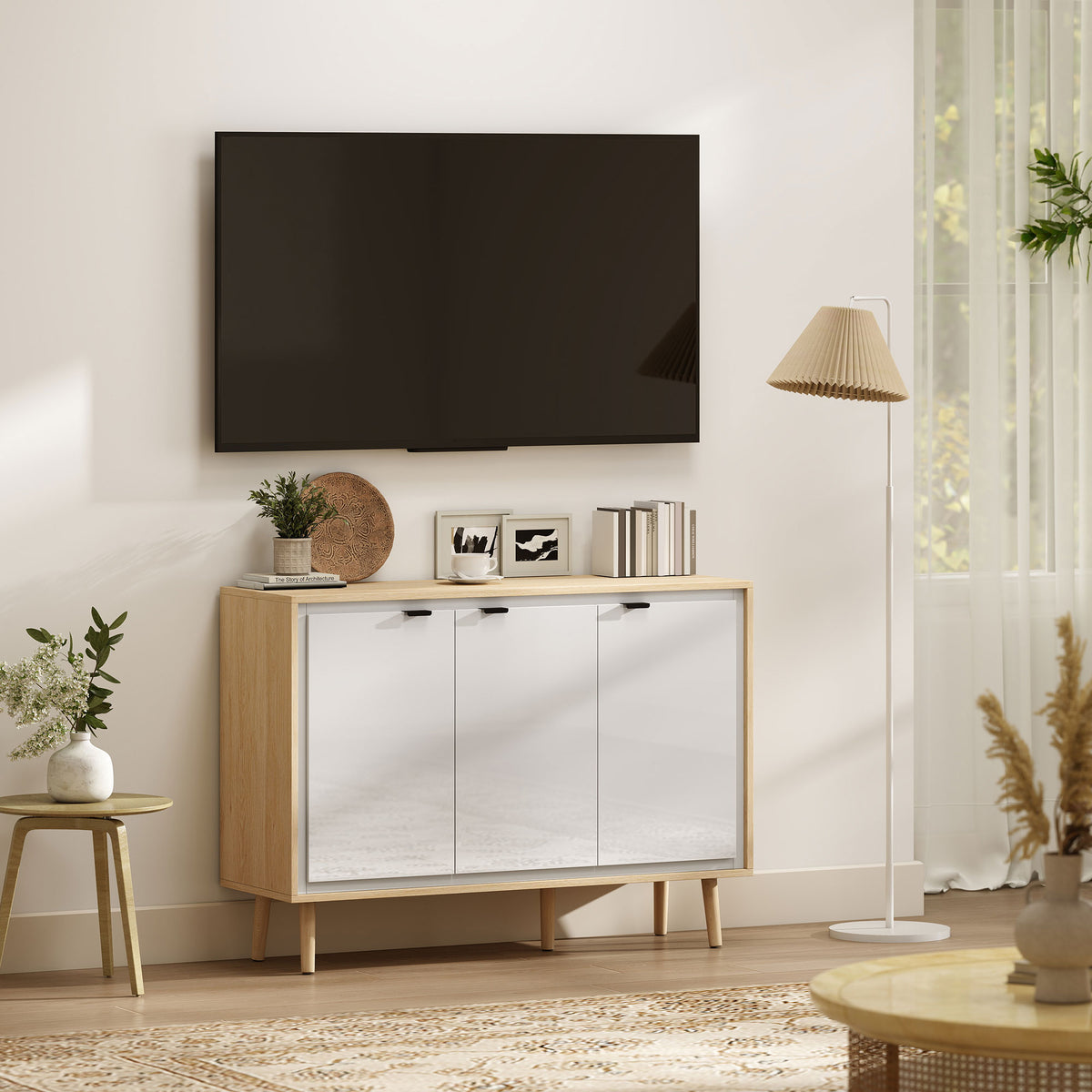 Buffet à haute brillance, meuble de rangement avec 3 portes, étagères réglables, 107 x 35 x 77 cm, blanc et chêne-7