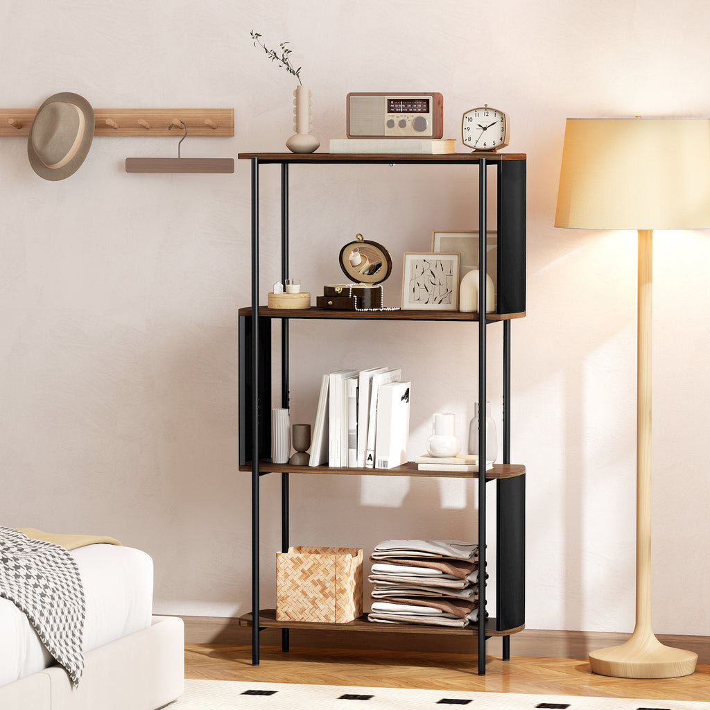 Étagère de rangement, bibliothèque à 4 niveaux avec panneaux latéraux incurvés, cadre en acier, 80x30x141cm, marron-8