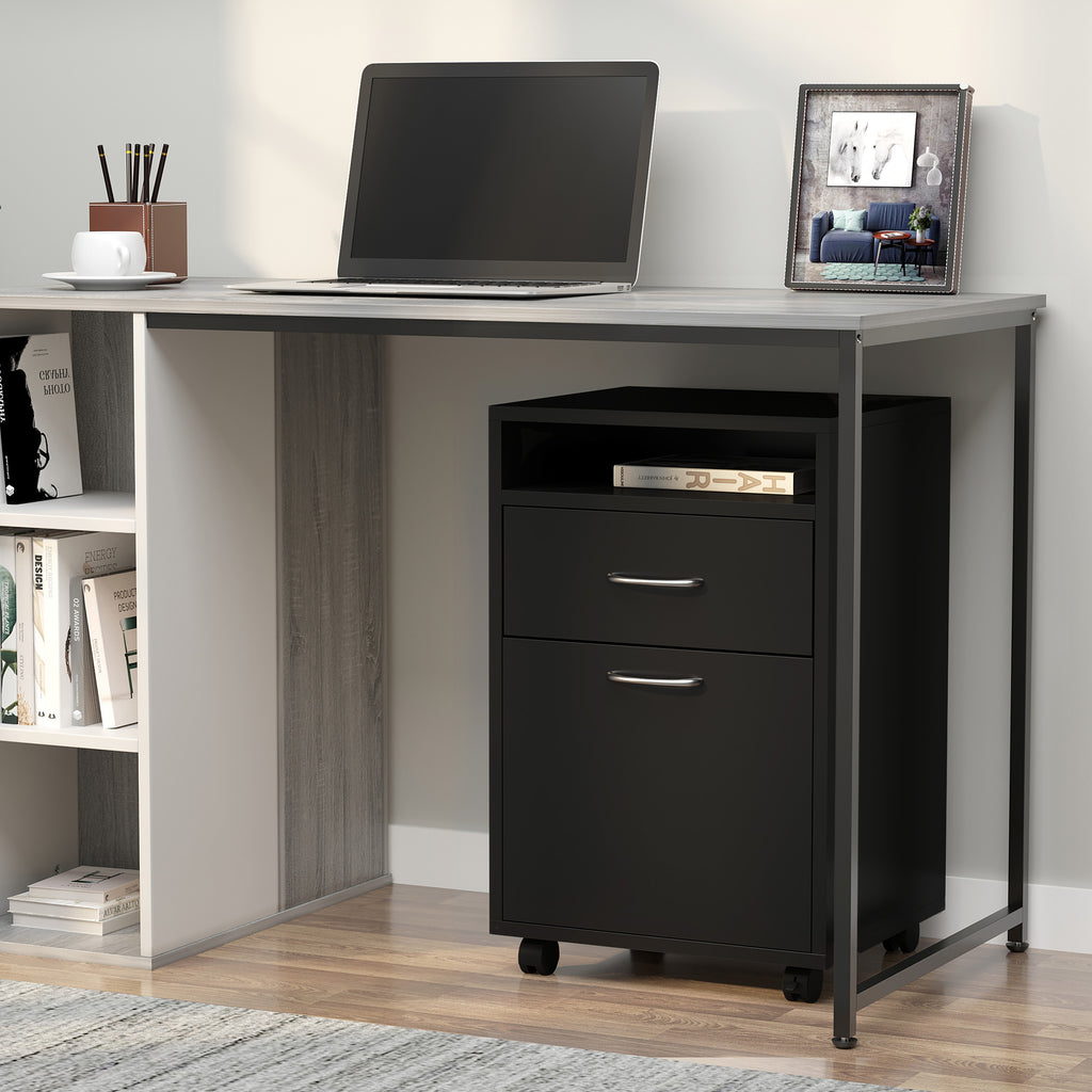 Caisson de bureau rangement bureau sur roulettes tiroir placard niche panneaux particules noir-1