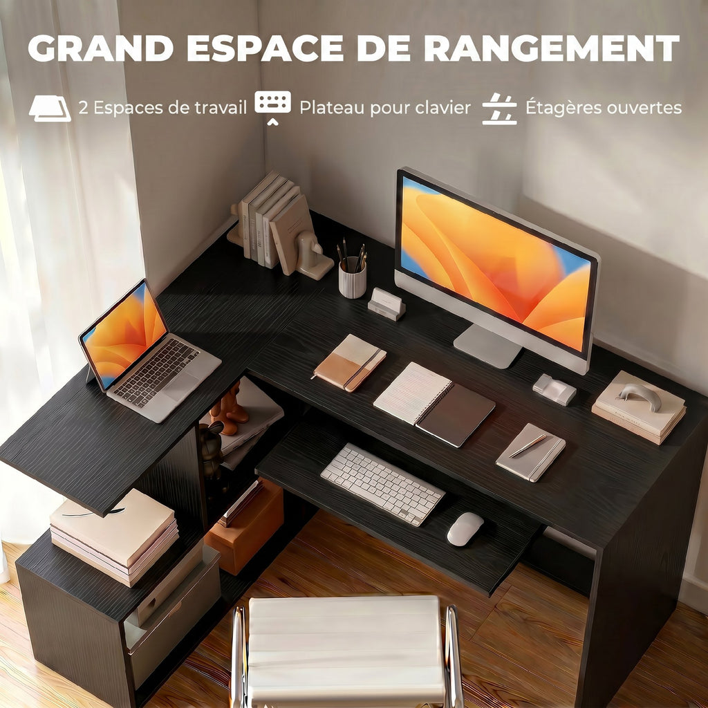 Bureau d'Angle, 120 x 100 x 76 cm, Bureau Informatique en L avec Plateau de Clavier, 4 Compartiments Ouverts, Noir-3