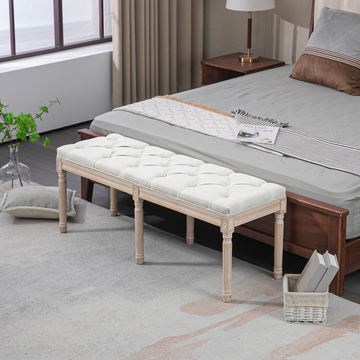 Banc bout de lit banquette capitonnée style vintage français revêtement tissu aspect lin pieds en bois massif crème-1