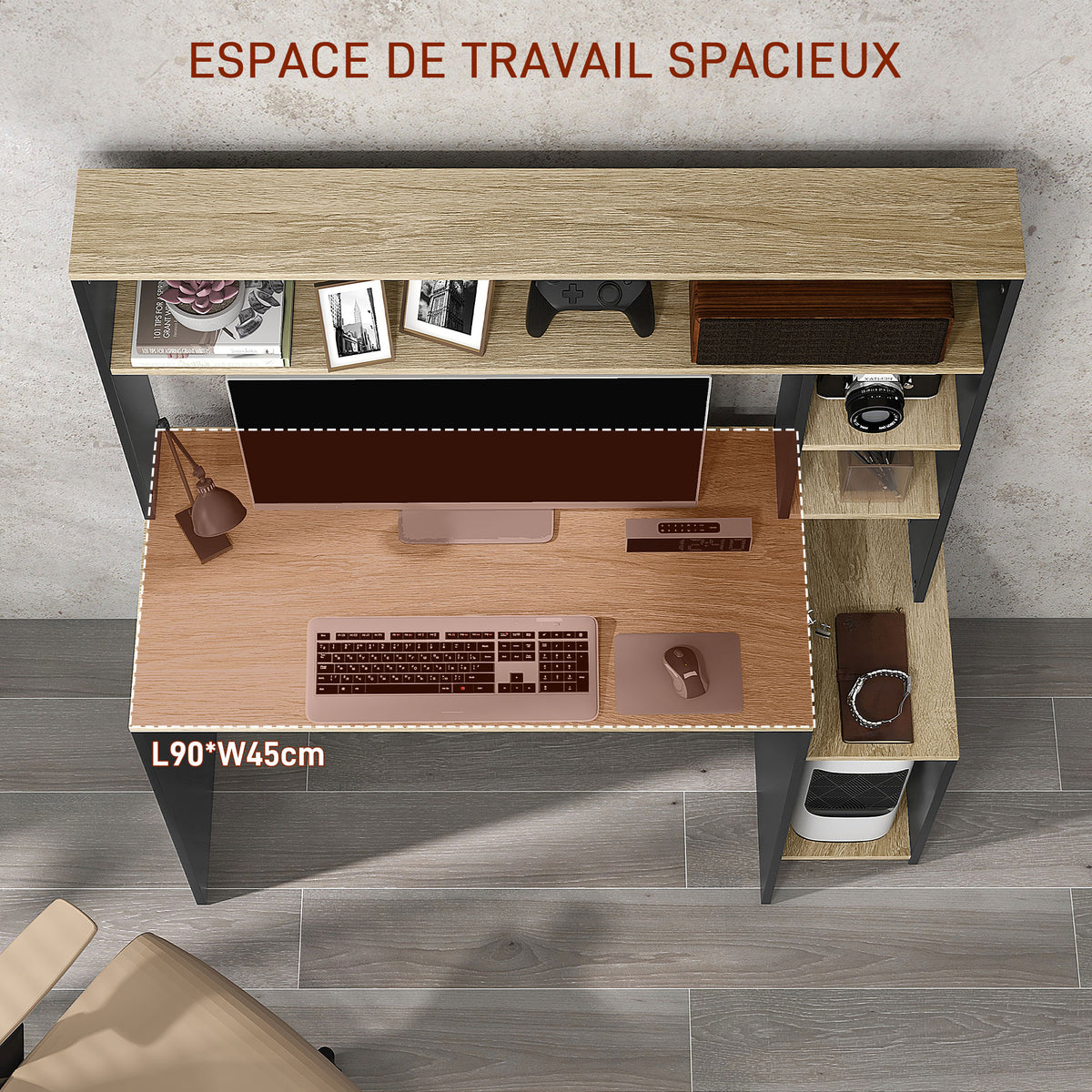 Bureau multi-rangements avec étagères, support pour unité centrale, grand bureau, 114L x 45l x 138H cm-4