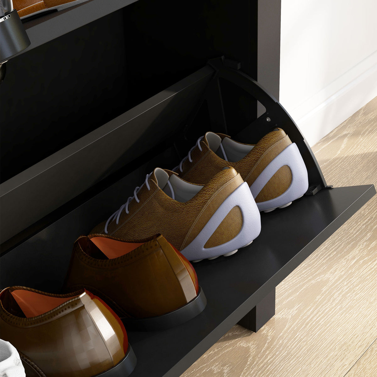 Armoire à chaussures 2 portes abattantes 2 compartiments poignées coquilles métal 79 x 23 x 90,5 cm noir chêne-7