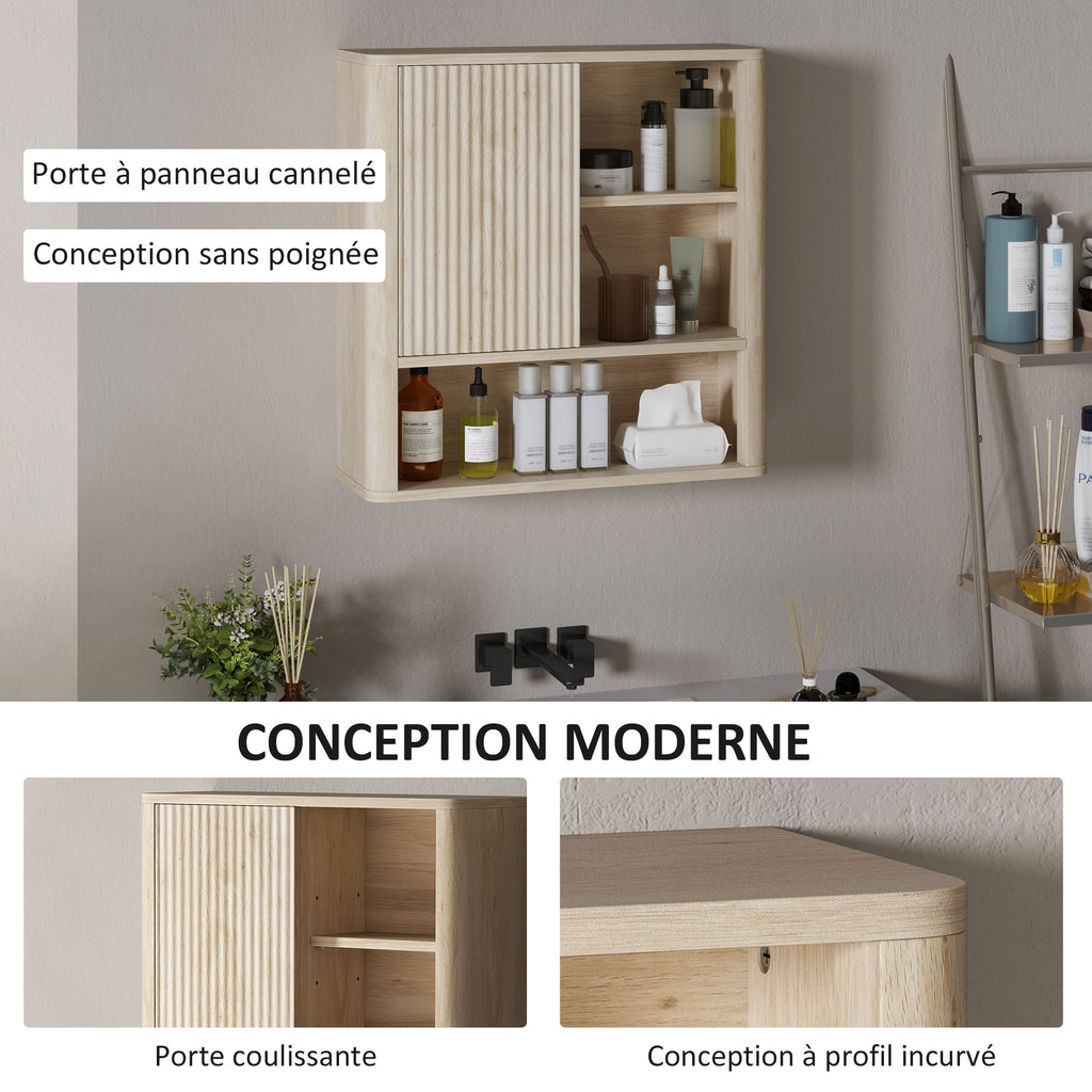 Armoire murale salle de bain avec étagères réglables, porte coulissante et étagères ouvertes, bois naturel-5