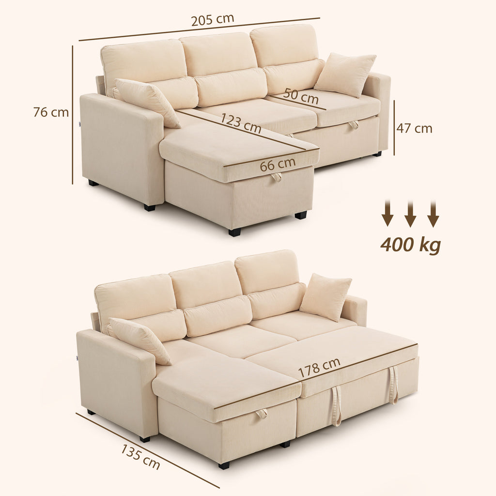 Canapé d'angle convertible en velours côtelé, canapé-lit 3 places avec rangement caché, coussins, 205x135x76cm, beige-2