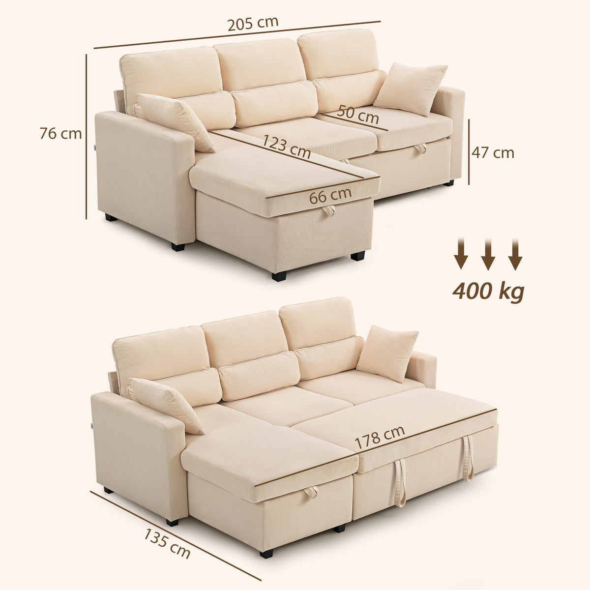 Canapé d'angle convertible en velours côtelé, canapé-lit 3 places avec rangement caché, coussins, 205x135x76cm, beige-2
