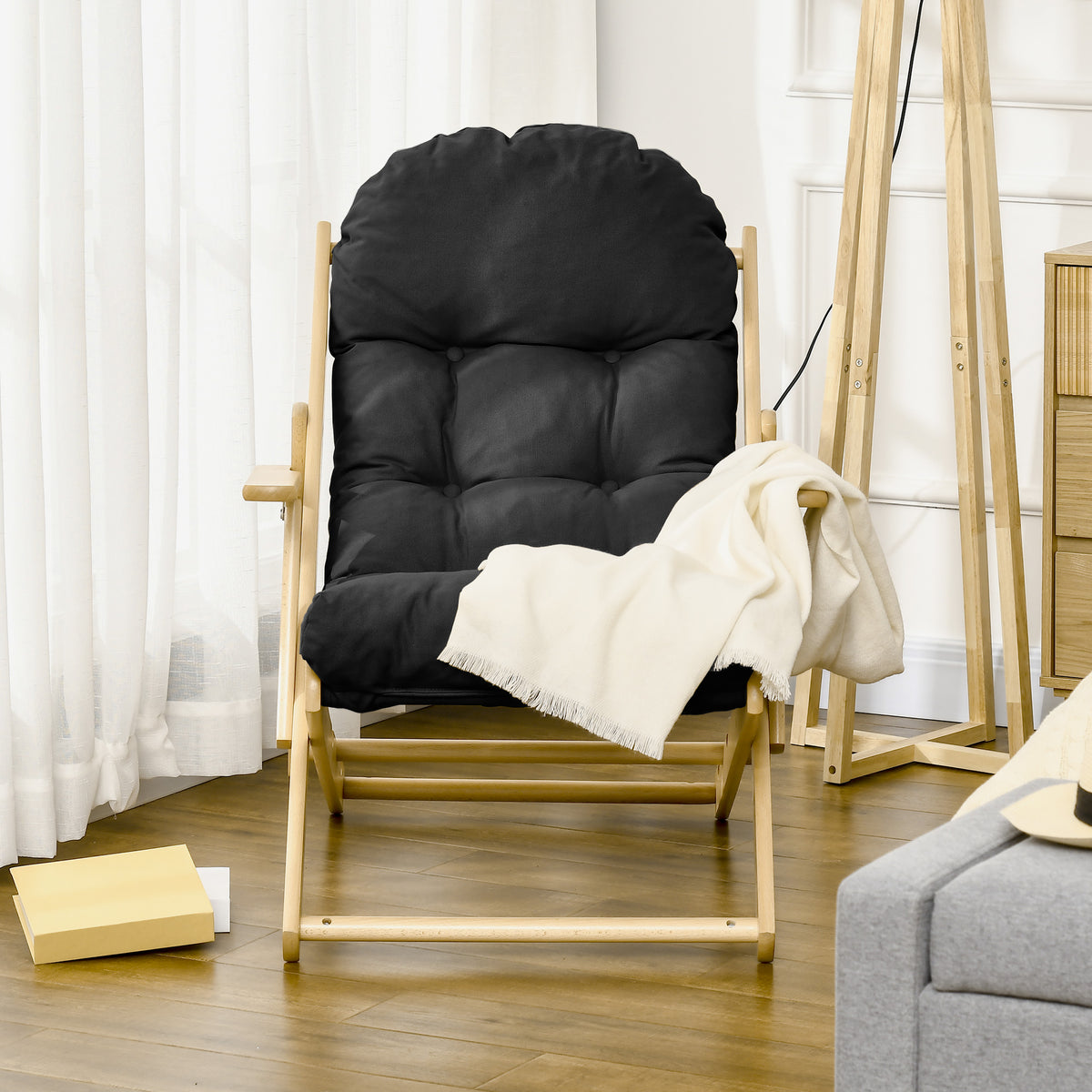Fauteuil Chaise de Salon Pliable et inclinable en Bois Fauteuil Relax Confortable avec Coussin capitonné épais-7