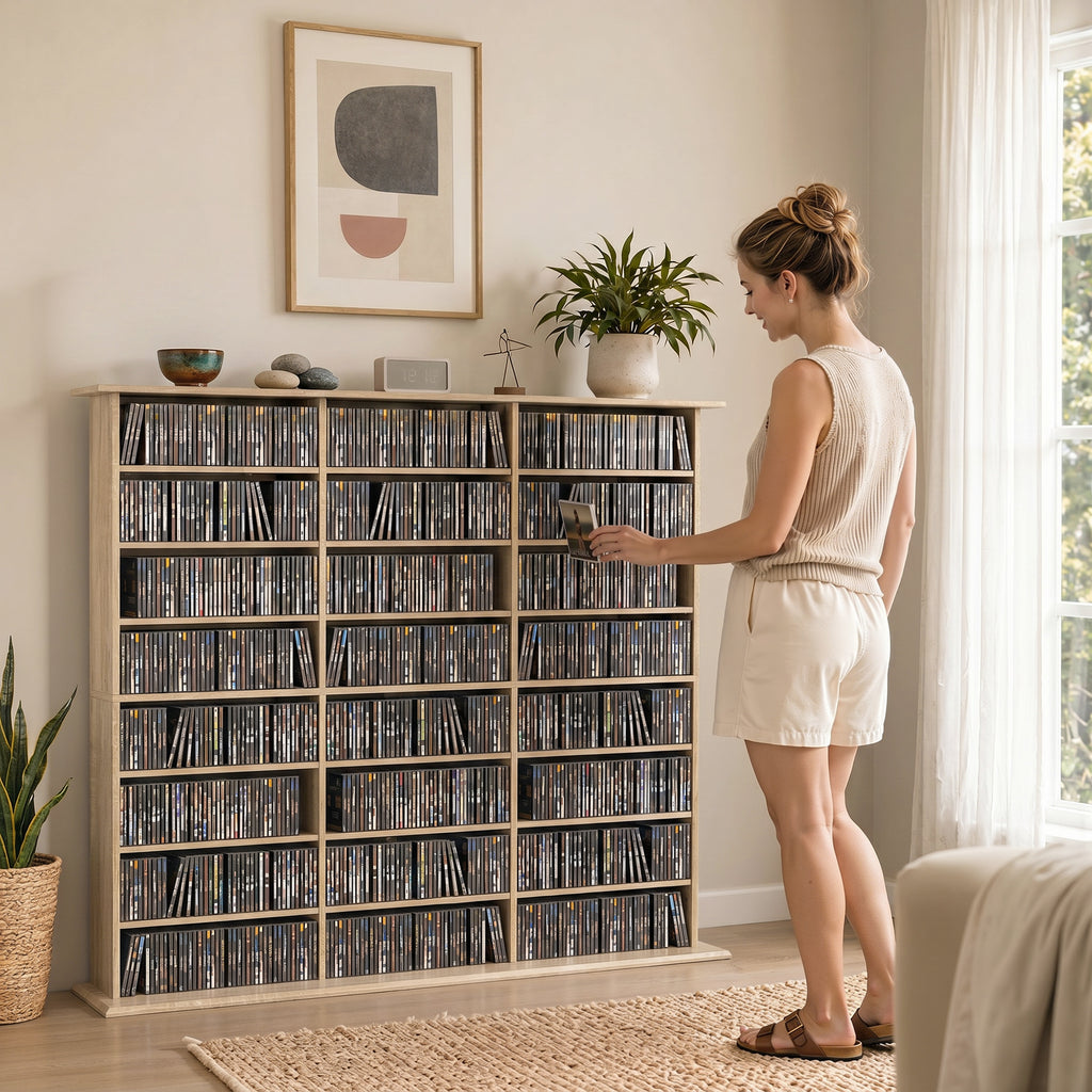 Meuble de rangement 1032 CDs / 594 DVDs, étagère multimédia, 24 compartiments et 18 étagères ajustables, chêne-7