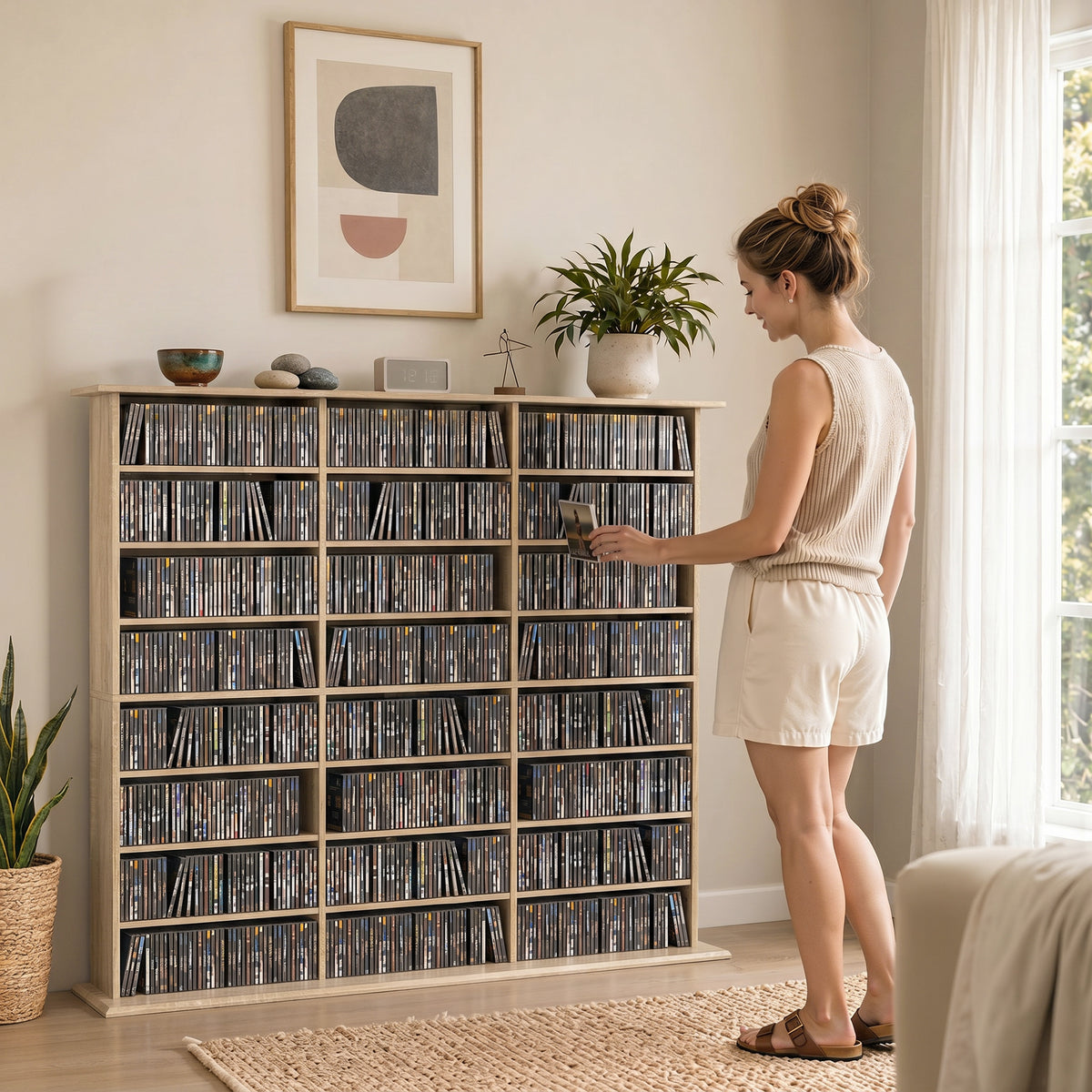Meuble de rangement 1032 CDs / 594 DVDs, étagère multimédia, 24 compartiments et 18 étagères ajustables, chêne-7