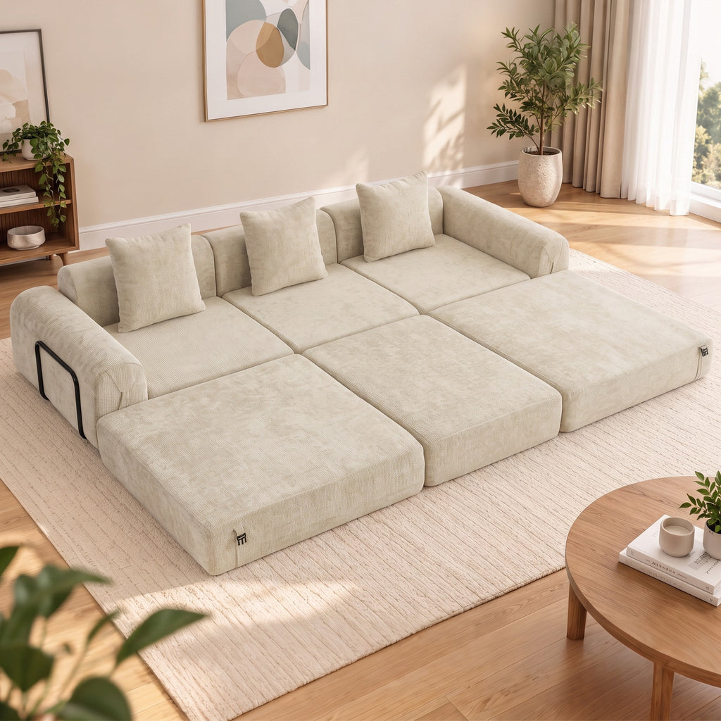 Canapé-Lit Pliable 245 cm, Canapé Compressé 3 Places Modulaire en Chenille avec Assise large, 3 Coussins, Beige-9