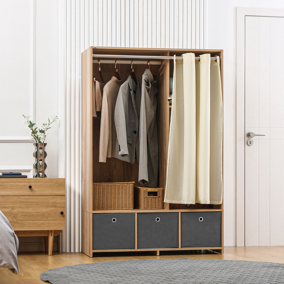 Armoire penderie armoire de rangement avec tringle rideaux 3 tiroirs en tissu amovibles 105 x 48 x 160 cm naturel-9